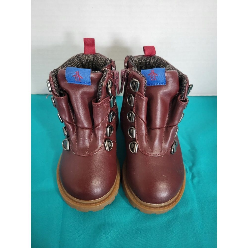 Original Penguin Boys Landon Hiking Boots Burgundy Padded Cuff Knit‎ Lined 6 A1